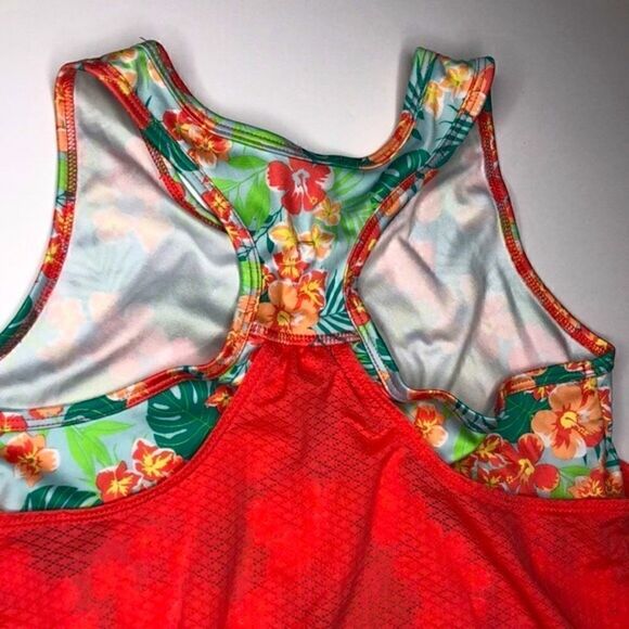 Danskin NOW Athletic Workout Double 2-Layer Top Coral Green L (10-12) Tropical - Picture 7 of 9